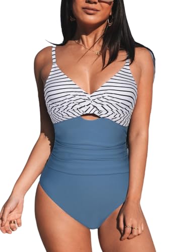 CUPSHE Damen Badeanzug V Ausschnitt Twisted Crossover Bauchweg Raffungen Zierausschnitten Streifen Einteilige Bademode Swimsuit Dunstiges Blau/Gestreift S von CUPSHE