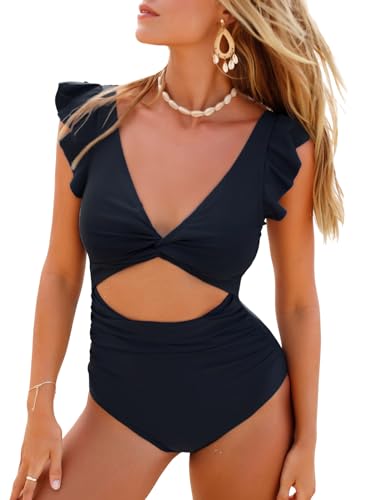 CUPSHE Damen Badeanzug V Ausschnitt Twisted Volantärmel Bauchweg Raffung Cutouts Einteilige Bademode Swimsuit Schwarz S von CUPSHE