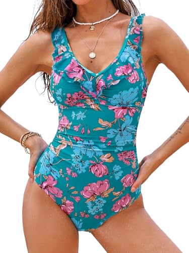 CUPSHE Damen Badeanzug V Ausschnitt Volants Bauchweg Raffung Rückenausschnitt Verstellbare Träger Einteilige Bademode Swimsuit Blaugrün/Rosa Blumenmuster L von CUPSHE