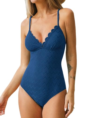 CUPSHE Damen Badeanzug V Ausschnitt Wellenkante Triangel Bauchkontrolle Verstellbare Träger Strukturierte Einteilige Bademode Swimsuit Marineblau L von CUPSHE