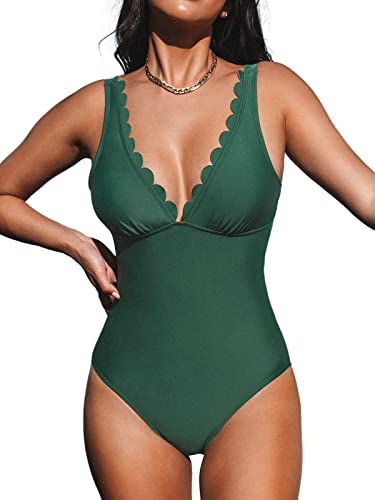 CUPSHE Damen Badeanzug V Ausschnitt Wellenkanten Raffungen Figurformend Einteilige Bademode Swimsuit Grün S von CUPSHE