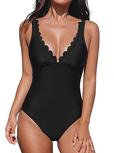 CUPSHE Damen Badeanzug V Ausschnitt Wellenkanten Raffungen Figurformend Einteilige Bademode Swimsuit Schwarz S von CUPSHE