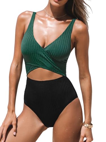 CUPSHE Damen Badeanzug V Ausschnitt Wickeloptik Crossover Cutouts Farbblock Texturierte Einteilige Bademode Swimsuit Schwarz/Grün L von CUPSHE