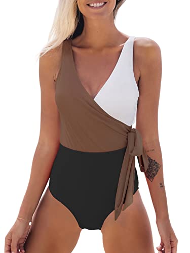 CUPSHE Damen Badeanzug V Ausschnitt Wickeloptik Farbblock Geknotete Einteilige Bademode Swimsuit Braun L von CUPSHE