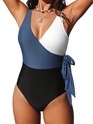 CUPSHE Damen Badeanzug V Ausschnitt Wickeloptik Monokini Farbblock Geknotete Einteilige Bademode Swimsuit Blau M von CUPSHE