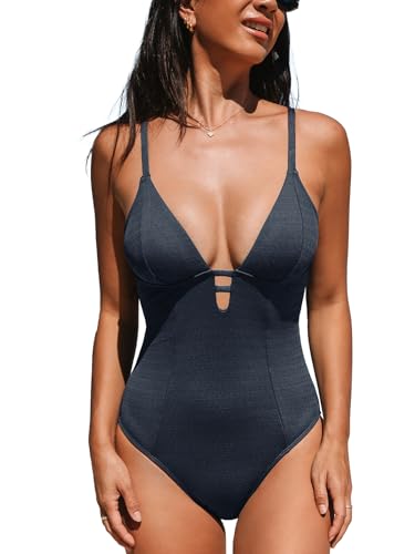 CUPSHE Damen Badeanzug V Ausschnitt Wickeloptik Rückenfrei Bauchweg für Curvy Bademode Dunkelgrau L von CUPSHE