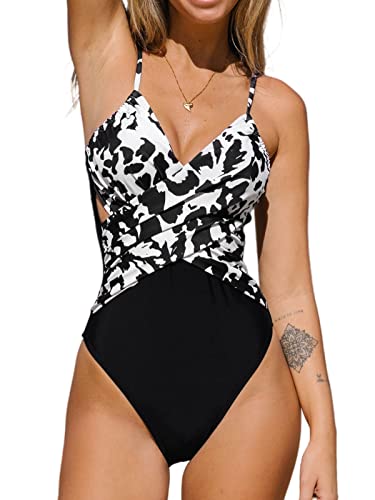 CUPSHE Damen Badeanzug V Ausschnitt Wickeloptik Zierausschnitten Einteilige Bademode Swimsuit Schwarz/Weiß Gemustert S von CUPSHE