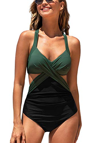 CUPSHE Damen Badeanzug Wickel Push Up Bademode Raffung Bauchweg Cut Out Einteilige Strandmode Swimsuit Grün/Schwarz XS von CUPSHE
