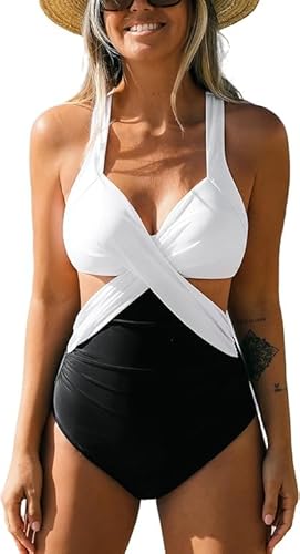 CUPSHE Damen Badeanzug Wickel Push Up Bademode Raffung Bauchweg Cut Out Einteilige Strandmode Swimsuit M von CUPSHE