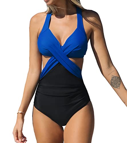 CUPSHE Damen Badeanzug Wickeloptik Bauchweg Bademode Crossover Raffungen Cut Out Einteilige Strandmode Swimsuit Blau/Schwarz M von CUPSHE