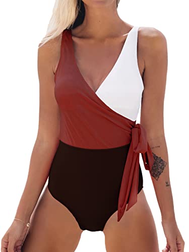 CUPSHE Damen Badeanzug Wickeloptik V Ausschnitt Farbblock Geknotete Einteilige Bademode Swimsuit Rot XS von CUPSHE