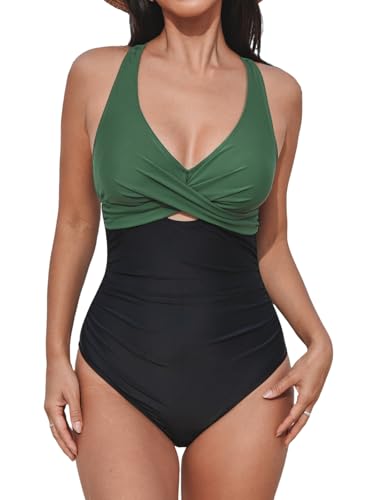 CUPSHE Damen Badeanzug Wickeloptik V Ausschnitt Zierausschnitten Bauchweg Raffungen Einteilige Bademode Swimsuit Dark Green/Black S von CUPSHE