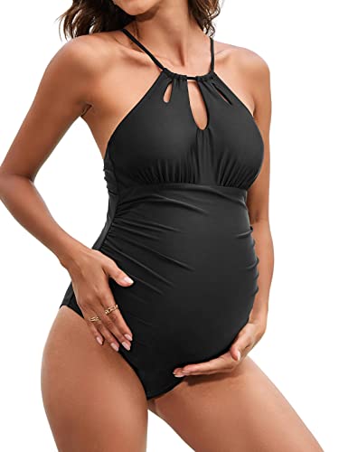 CUPSHE Damen-Badeanzug für Schwangere, einteiliger Badeanzug, Schlüssellochausschnitt, geraffte Vorderseite, kreuz und quer, Schnürung hinten, XL, Schwarz von CUPSHE