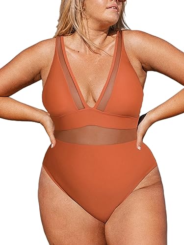 CUPSHE Damen Große Größen Badeanzug Tiefer V Ausschnitt Sheer Mesh Bauchkontrolle Einteilige Curvy Bademode Plus Size Swimsuit Burnt Orange XL von CUPSHE