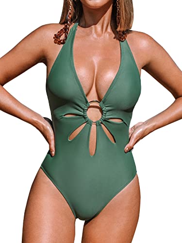 CUPSHE Damen Badeanzug mit Ringen Neckholder Cut Out Einteilige Bademode Swimsuit Grün M von CUPSHE