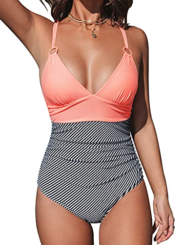 CUPSHE Damen Badeanzug mit Ringen Triangel Raffung Bauchweg Einteilige Bademode Swimsuit Rosa S von CUPSHE