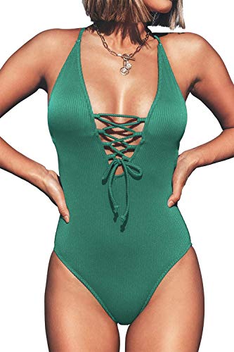 CUPSHE Damen Badeanzug mit Schnürung Plunge Einteiler Gerippte Einteilige Bademode Swimsuit Grün L von CUPSHE
