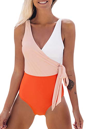 CUPSHE Damen Badeanzug mit Wickeloptik Farbblock Geknotete Einteilige Bademode Swimsuit Orange/Weiß XXL von CUPSHE