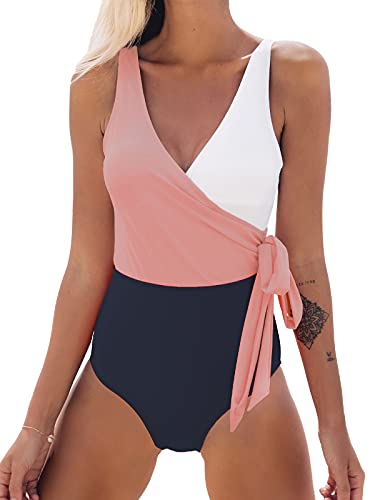 CUPSHE Damen Badeanzug mit Wickeloptik Farbblock Geknotete Einteilige Bademode Swimsuit Rosa/Weiß L von CUPSHE