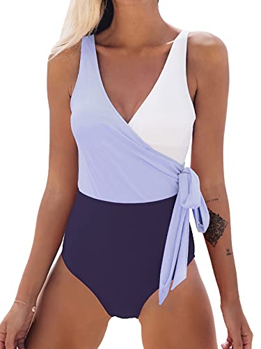 CUPSHE Damen Badeanzug mit Wickeloptik Farbblock Geknotete Einteilige Bademode Swimsuit Violett/Weiß L von CUPSHE