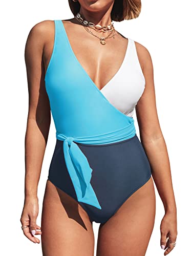 CUPSHE Damen Badeanzug mit Wickeloptik V Ausschnitt Farbblock Geknotete Einteilige Bademode Swimsuit Blau/Weiß S von CUPSHE