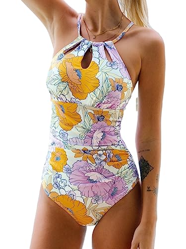 CUPSHE Damen Badeanzug mit Zierausschnitt Bauchweg Raffungen Strandmode High Neck Einteilige Bademode Swimsuit Lavendel XL von CUPSHE