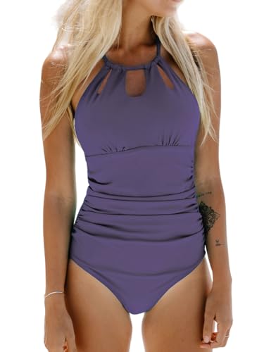 CUPSHE Damen Badeanzug mit Zierausschnitten High Neck Bauchweg Falten Einteilige Bademode Swimsuit Lila S von CUPSHE
