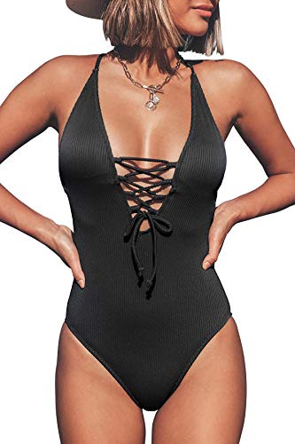 CUPSHE Damen Badeanzug mit tiefem Ausschnitt Lace Up Gerippte Einteilige Bademode Swimsuit Schwarz XS von CUPSHE