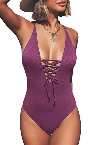 CUPSHE Damen Badeanzug mit tiefem Ausschnitt Lace Up Gerippte Einteilige Bademode Swimsuit Violett M von CUPSHE