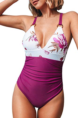 CUPSHE Damen Badeanzug mit überkreuzten Trägern Blumenmuster Bauchweg Einteilige Bademode Swimsuit Lilarot S von CUPSHE