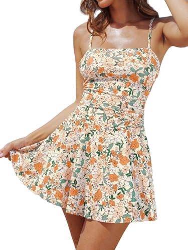 CUPSHE Damen Badeanzugkleid Badeanzug Eckiger Ausschnitt Bauchweg Raffung Rocksaum Badekleid Einteilige Bademode Swimsuit Orange Ditsy M von CUPSHE