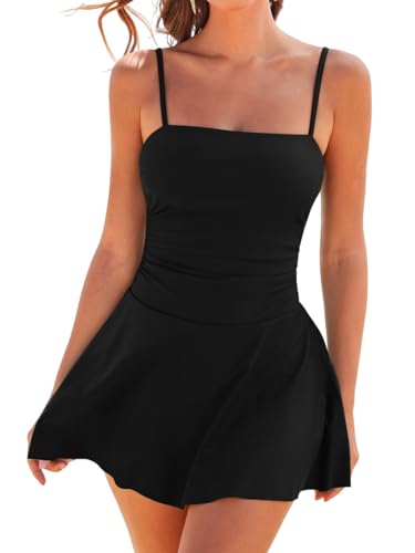 CUPSHE Damen Badeanzugkleid Badeanzug Eckiger Ausschnitt Bauchweg Raffung Rocksaum Badekleid Einteilige Bademode Swimsuit Schwarz L von CUPSHE