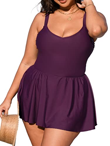 CUPSHE Damen Badekleid U Ausschnitt Verstellbare Träger Bauchweg Plus Size Einteiler Badeanzug Schwimmkleid Große Größen Curvy Bademode Swimsuit Brombeerwein 2X=XXL von CUPSHE