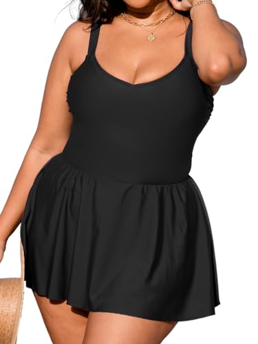 CUPSHE Damen Badekleid U Ausschnitt Verstellbare Träger Bauchweg Plus Size Einteiler Badeanzug Schwimmkleid Große Größen Curvy Bademode Swimsuit Schwarz 0X=L von CUPSHE