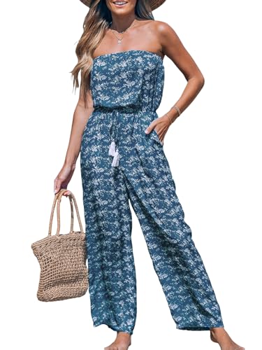 CUPSHE Damen Bandeau Jumpsuit Schulterfrei Overall Blumenmuster Quasten Weites Bein Lang Playsuit Sommer Lose Hosenanzug Blau XL von CUPSHE