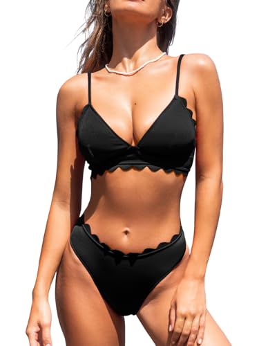 CUPSHE Damen-Bikini-Badeanzug, gewellter V-Ausschnitt, Schnürung, niedrige Taille, Stern schwarz, XS CUPSHE Damen-Bikini-Badeanzug, gewellter V-Ausschnitt, Schnürung, niedrige Taille, Stern schwarz, XS von CUPSHE