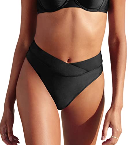 CUPSHE Damen Bikinihose Wickel High Waist Bikini Badehose High Cut Cheeky Hipster Bikini Slip Schwarz L von CUPSHE