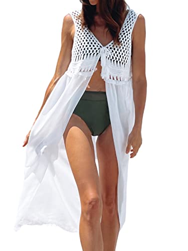 CUPSHE Damen Bikini Cover Up Beachwear Cardigan Ärmellos Lochmuster Häkelt Schnürung Strandponcho Beach Kimono Cover Up Weiß M von CUPSHE