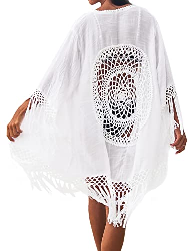 CUPSHE Damen Bikini Cover Up Beachwear Kimono Fransen Häkeleinsätzen Lang Strandponcho Beach Cardigan Weiß One Size von CUPSHE