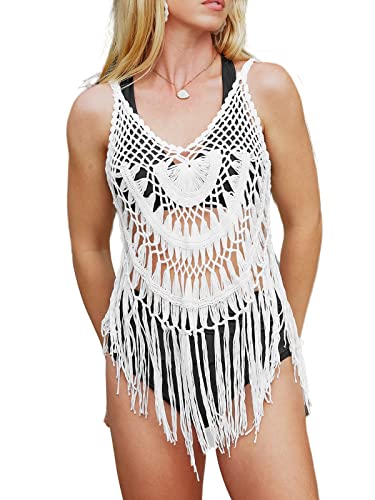 CUPSHE Damen Bikini Cover Up Beachwear Oberteil V Ausschnitt Fransensaum Häkelstrick Hollow Out Strandponcho Beach Cover Ups Weiß L von CUPSHE