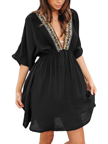 CUPSHE Damen Bikini Cover Up Besticktes Strandkleid Boho Tiefer V Ausschnitt 3/4 Ärmel Sommer Beach Mini Dress Schwarz L von CUPSHE