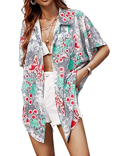 CUPSHE Damen Bikini Cover Up Blusenkleid Kurzarm Knöpfen Seitenschlitz Blumen Streifenmuster Sommerkleid Strand Shirt Mini Dress Grün L von CUPSHE