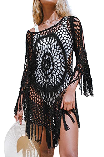 CUPSHE Damen Bikini Cover Up Fransen Lochmuster Mini Strandkleid Sommer Sexy Cutout Beach Crochet Cover Up Schwarz XXL CUPSHE Damen Bikini Cover Up Fransen Lochmuster Mini Strandkleid Sommer Sexy Cutout Beach Crochet Cover Up Schwarz XXL von CUPSHE