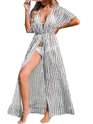 CUPSHE Damen Bikini Cover Up Kimono Kurzarm Vorne Offen Taillenschnürung Maxi Strandkleid Sommer Beachwear Cardigan Dress Weiße Streifen XL von CUPSHE