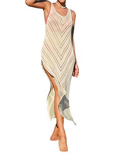 CUPSHE Damen Bikini Cover Up Rundhals Ärmellos Lochmuster Seitenschlitz Lang Strandkleid Sommer Beach Maxi Dress Beige L von CUPSHE