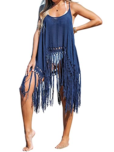 CUPSHE Damen Bikini Cover Up Strandkleid Asymmetrische Fransen Häkelmuster Sommer Sexy Strandponcho Beach Mini Dress Blau von CUPSHE