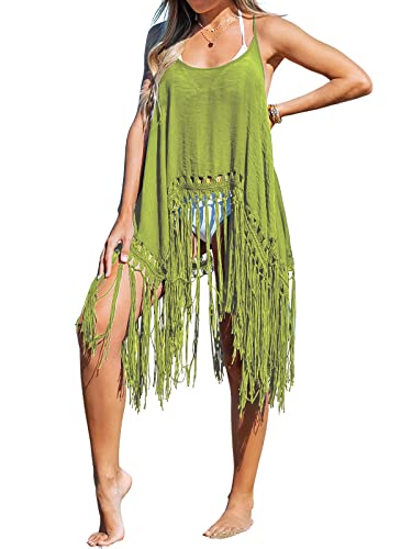 CUPSHE Damen Bikini Cover Up Strandkleid Asymmetrische Fransen Häkelmuster Sommer Sexy Strandponcho Beach Mini Dress Grün von CUPSHE