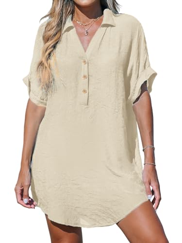 CUPSHE Damen Bikini Cover Up Strandkleid Luftig V Ausschnitt Revers Kurzarm Knöpfen Kurz Strandponcho Sommer Beachwear Mini Dress Apricot L von CUPSHE