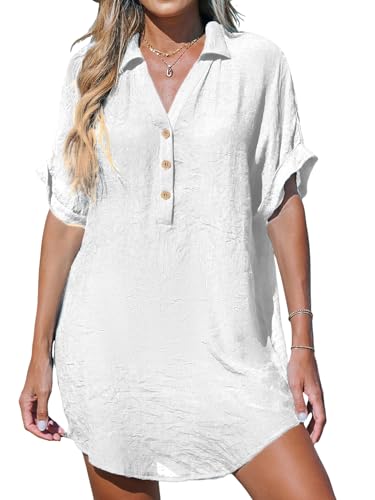 CUPSHE Damen Bikini Cover Up Strandkleid Luftig V Ausschnitt Revers Kurzarm Knöpfen Kurz Strandponcho Sommer Beachwear Mini Dress Weiß M von CUPSHE