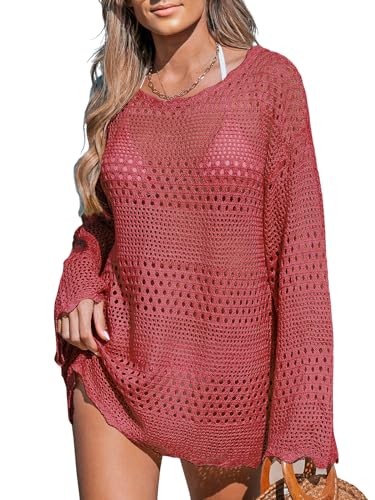 CUPSHE Damen Bikini Cover Up Strandkleid Rundhals Langarm Wellenkante Lochmuster Häkelt Strandponcho Sommer Beachwear Crochet Mini Dress Rot XL von CUPSHE